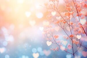 AI generated Valentine's Day abstract background. The nature background color tones appeared blurred with the light shining through the leaves The pastel color tones resembled a multicolored hearts. photo