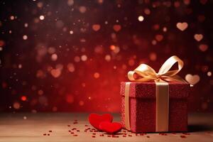 AI generated Close up of Valentine's Day present and heart shape with red confetti and glitter. Gift box with ribbon bow tag over blurred heart shape bokeh background with lights photo