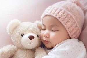 AI generated Close up portrait of beautiful cute baby sleeping in pajama in bed with her teddy bear, lying on pillow with closed eyes. photo