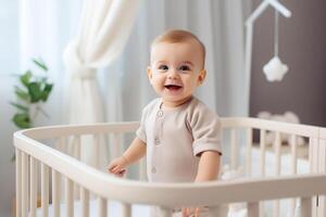 AI generated Portrait of a laughing baby standing in a crib and looking at the camera. photo