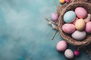 AI generated Copy space background flat lay with pastel-colored Easter eggs, A basket filled with candy photo