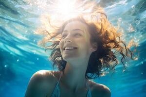 ai generado hermosa joven mujer nadando submarino en el piscina foto