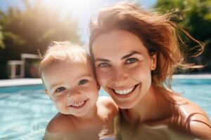 AI generated Portrait of smiling mother and her baby in swimming pool in sunny day, happy family summer vacation joyful and optimistic atmosphere. photo