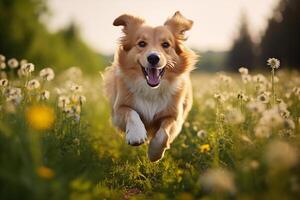 ai generado contento linda perro corriendo mediante un trigo campo en soleado día foto