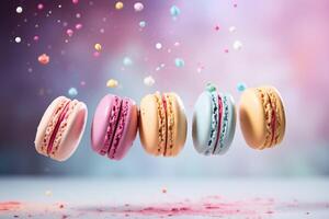 AI generated Colorful macarons flying in air. Sweet and colorful French macaroons falling or flying in motion. photo