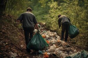 ai generado voluntarios recoger el plastico basura en naturaleza, cosecha arriba basura a bosque. trabajar como voluntario, caridad, limpieza, ecología, sostenible estilo de vida concepto foto