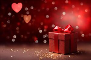 AI generated Close up of Valentine's Day present and heart shape with red confetti and glitter. Gift box with ribbon bow tag over blurred heart shape bokeh background with lights photo