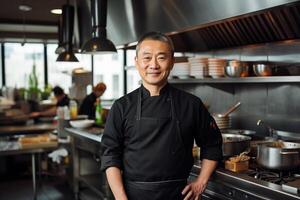 ai generado retrato de asiático cocinero en un negro chaqueta en el cocina en un restaurante foto