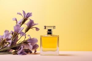 AI generated Glass elegant perfume bottle mockup on yellow background with purple iris flowers. Glamour advertisement banner, copy space. photo