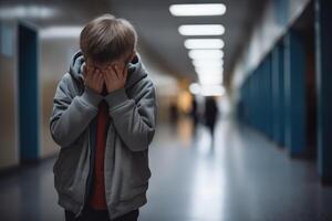 ai generado trastornado chico cubierto su cara con manos en pie solo en colegio corredor. aprendizaje dificultades, emociones, intimidación en colegio foto