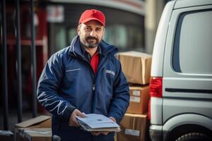 ai generado retrato de entrega hombre comprobación el paquete o empaquetar para entrega en frente de camioneta. foto