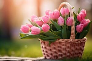 AI generated Bouquet of pink tulips in a basket outdoors, space for text. photo