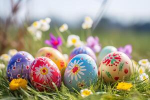 AI generated Easter eggs with flowers on green grass background. Easter card and background for social media. photo