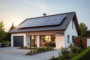 AI generated New suburban house with a photovoltaic system on the roof. Modern eco friendly passive house with solar panels on the gable roof, driveway and landscaped yard. photo