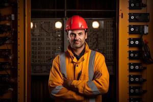 AI generated Electrical engineer standing in front of electrical box photo