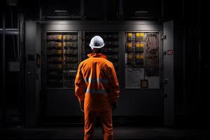 AI generated Electrical engineer standing in front of electrical box photo