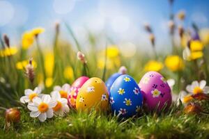 AI generated Easter eggs with flowers on green grass background. Easter card and background for social media. photo