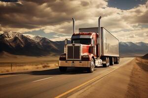 AI generated American style truck on the freeway, highway pulling cargo, movement. Transport concept photo