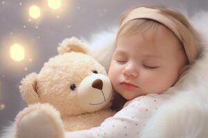 ai generado cerca arriba retrato de hermosa linda bebé dormido en pijama en cama con su osito de peluche oso, acostado en almohada con cerrado ojos. foto