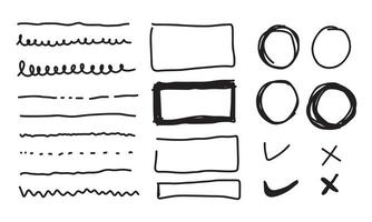 Doodle vector lines and curves.Hand drawn check and arrows signs. Set of simple doodle lines, curves, frames and spots. Collection of pencil effects. Doodle border. Si