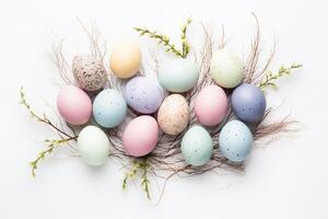 AI generated Easter eggs with flowers on white background. Easter card and background for social media. photo