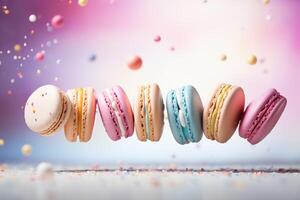 ai generado vistoso macarons volador en aire. dulce y vistoso francés macarrones que cae o volador en movimiento. foto