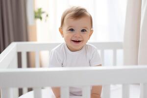 AI generated Portrait of a laughing baby standing in a crib and looking at the camera. photo