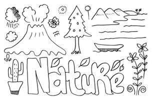 nature typography with hand drawn hills, birds, leaves, clouds, water and other elements. Web banner for other elements of nature. Vector illustration