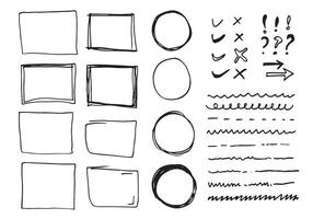 garabatear líneas vectoriales y curvas. Señales de flechas y cheques dibujados a mano. conjunto de líneas de garabatos simples, curvas, marcos y puntos. colección de efectos de lápiz. borde del garabato. conjunto de garabatos simples. vector