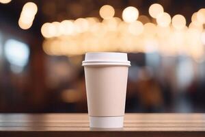 AI generated Close up paper cup of coffee on bar counter against coffee shop bokeh background. Mockup for cafe design. photo