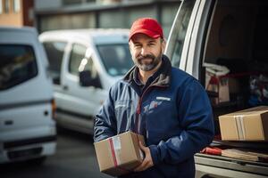 ai generado retrato de entrega hombre comprobación el paquete o empaquetar para entrega en frente de camioneta. foto