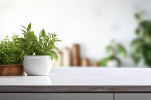 AI generated Home garden plants spread out on counter at home and space for text photo