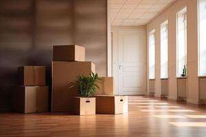 AI generated Stack of cardboard boxes with household belongings on wooden floor in living room of old classical style house. Moving to new home photo