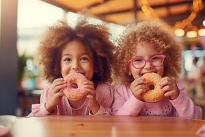 ai generado wo positivo muchachas con lentes comiendo rosquilla en al aire libre cafetería, espacio para texto. foto