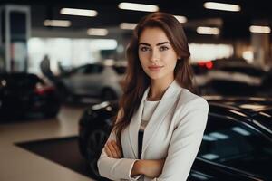 ai generado hermosa joven hembra coche comerciante posando a lugar de trabajo en auto sala de exposición. foto