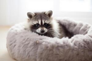 ai generado un linda joven domar mapache descansando en un mascota cama, espacio para texto. foto
