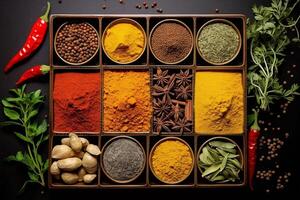 AI generated Indian spices used in Indian cooking sush as masala hot curry whole spices like turmeric. Top view of spices in boxes. photo