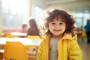 ai generado retrato de pequeño niña en jardín de infancia guardería escuela. niños jugando con educativo juguetes temprano educación. montessori aprendizaje herramientas para niños. foto