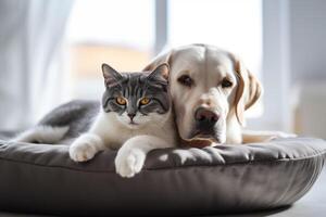 AI generated A cat and a dog are resting on a soft pet bed. Friendship between cat and dog, space for text. photo