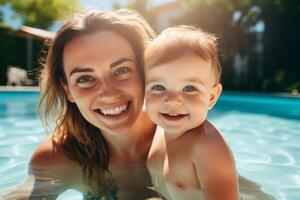 AI generated Portrait of smiling mother and her baby in swimming pool in sunny day, happy family summer vacation joyful and optimistic atmosphere. photo