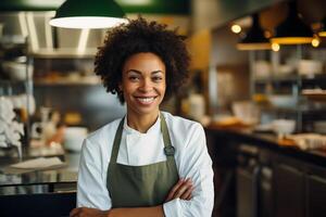 ai generado retrato de un hermosa afro americano hembra cocinero gerente sonriente y posando en un elegante restaurante cocina foto