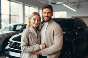 AI generated Portrait of a happy young couple hugging in Auto Showroom. Young couple buying first car. photo