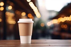 AI generated Close up paper cup of coffee on bar counter against coffee shop bokeh background. Mockup for cafe design. photo