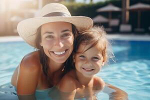 AI generated Portrait of smiling mother and her daughter in swimming pool in sunny day, happy family summer vacation joyful and optimistic atmosphere. photo