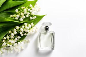 AI generated Perfume glass bottle among flowers of lily of the valley and green leaves on white background. Perfume ingridient concept. photo