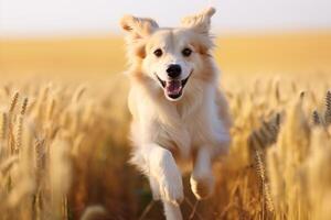 AI generated Happy cute dog running through a wheat field in sunny day photo