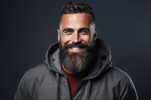 AI generated Studio shot of smiling bearded man, handsome brutal man. Space for text and black background. photo