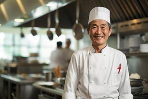 AI generated Portrait of Asian chef in a black jacket in the kitchen in a restaurant photo