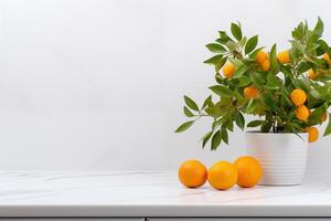 AI generated Stylish white quartz countertop with potted plant and oranges. Modern minimalistic kitchen interior details photo