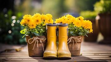 AI generated Gardening background with flowerpots, yellow boots in sunny spring or summer garden. photo